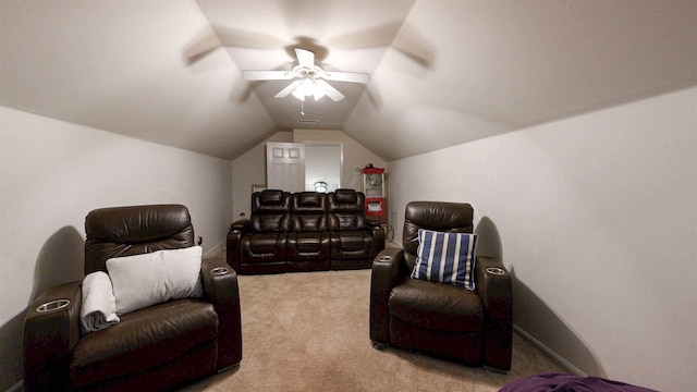 12232 Lashbrook Ct, Jacksonville, FL 32223 - home theater room featuring light carpet, vaulted ceiling, and ceiling fan