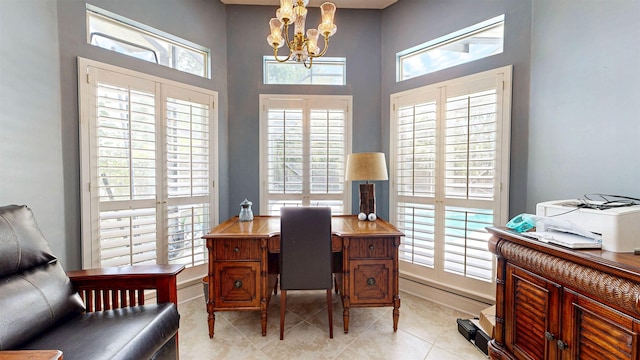 12232 Lashbrook Ct, Jacksonville, FL 32223 - home office featuring a chandelier, light tile patterned floors, and baseboards