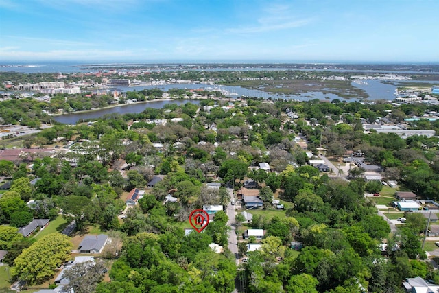 drone / aerial view with a water view