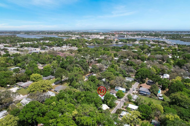 aerial view featuring a water view