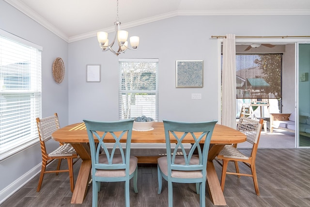 dining room featuring a notable chandelier, dark hardwood / wood-style flooring, vaulted ceiling, and ornamental molding