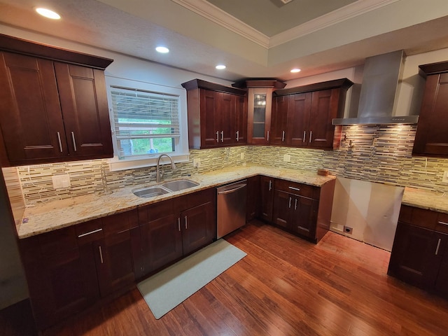 2380 Deerwood Acres Dr, Saint Augustine, FL 32084 - kitchen with stainless steel dishwasher, ornamental molding, wall chimney exhaust hood, dark wood-type flooring, and a sink