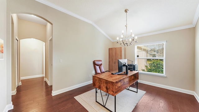 office featuring dark hardwood / wood-style flooring, ornamental molding, and an inviting chandelier