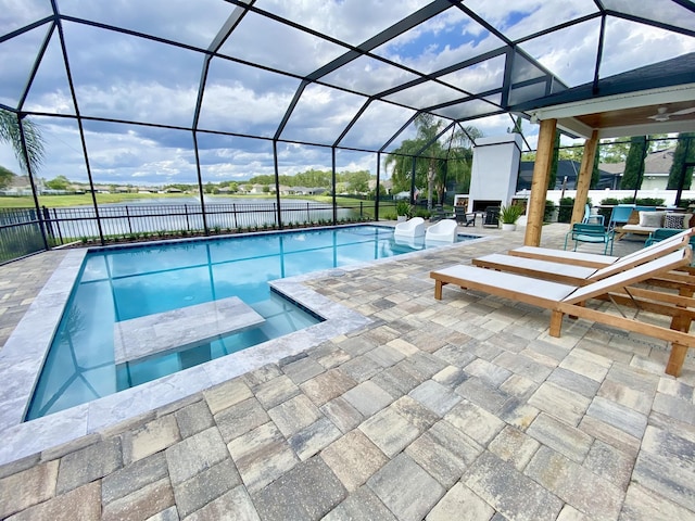 268 Sierras Loop, Saint Augustine, FL 32086 - view of swimming pool with a patio area, ceiling fan, a lanai, and a water view