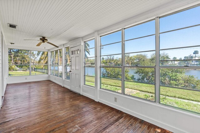 121 Washington St, Saint Augustine, FL 32084 - unfurnished sunroom featuring visible vents, ceiling fan, and a water view