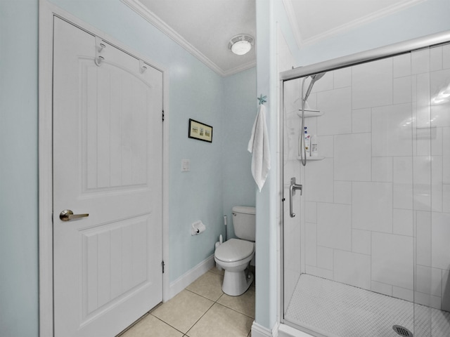 bathroom featuring walk in shower, toilet, tile patterned flooring, and ornamental molding