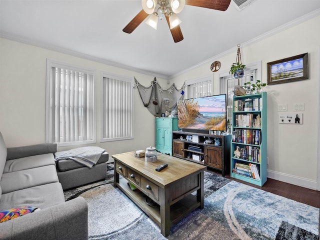 living room with ceiling fan, dark hardwood / wood-style floors, and ornamental molding