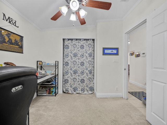 home office with carpet and ornamental molding