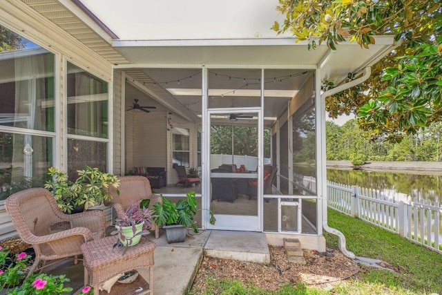 241 N Hidden Tree Dr, Saint Augustine, FL 32086 - view of patio / terrace with a sunroom, ceiling fan, and a water view