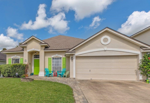 241 N Hidden Tree Dr, Saint Augustine, FL 32086 - view of front of house with stucco siding, driveway, a front lawn, a garage, and roof with shingles