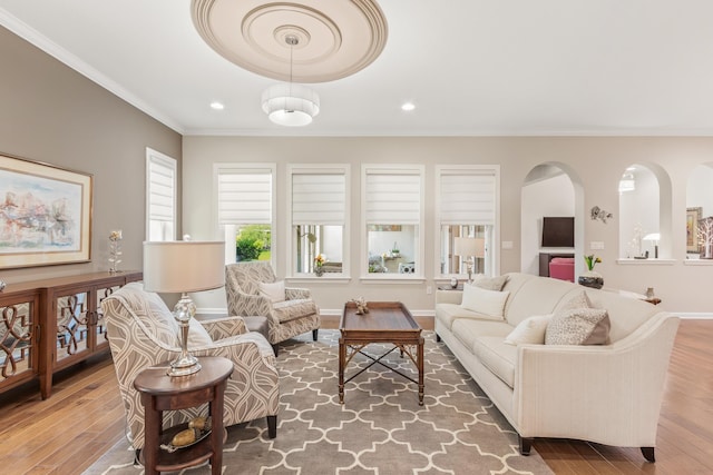 living room with hardwood / wood-style flooring and crown molding