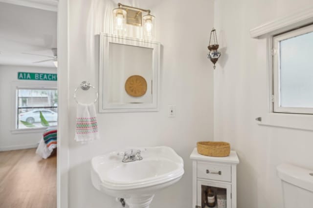 bathroom with sink, hardwood / wood-style floors, toilet, and ceiling fan