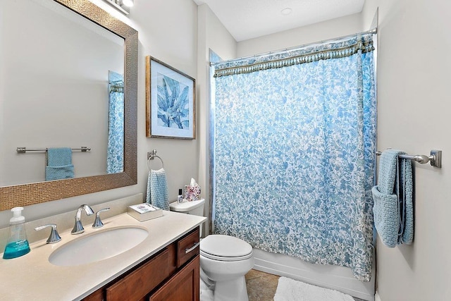 full bath featuring tile patterned floors, shower / bath combination with curtain, toilet, and vanity