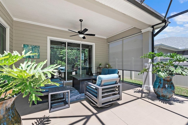 view of patio / terrace featuring a lanai, an outdoor hangout area, and ceiling fan