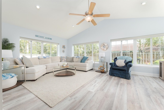 living area featuring recessed lighting, wood finished floors, a ceiling fan, and baseboards