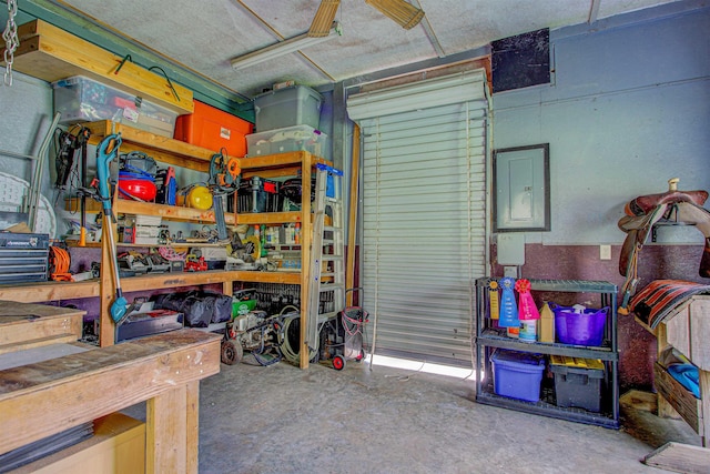 storage room featuring a garage and electric panel