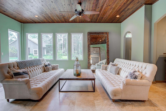 living area featuring recessed lighting, wood ceiling, plenty of natural light, and ceiling fan