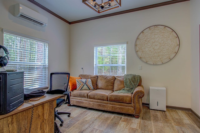 home office with an AC wall unit, ornamental molding, wood finished floors, and baseboards