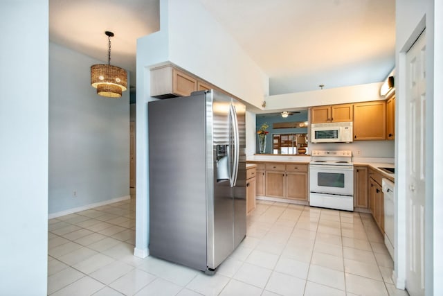 kitchen featuring decorative light fixtures, ceiling fan, white appliances, and light tile patterned floors