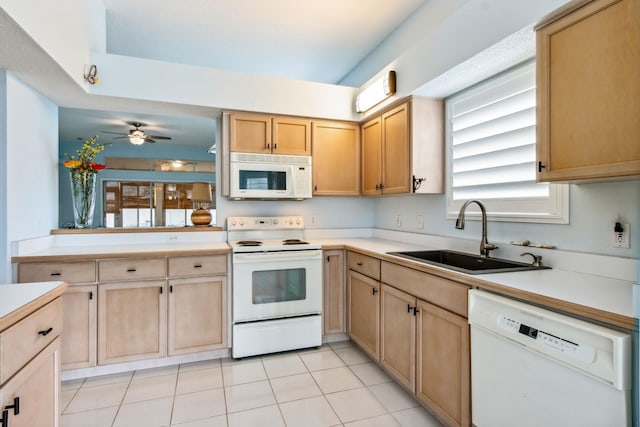 kitchen with ceiling fan, sink, light brown cabinets, white appliances, and light tile patterned floors