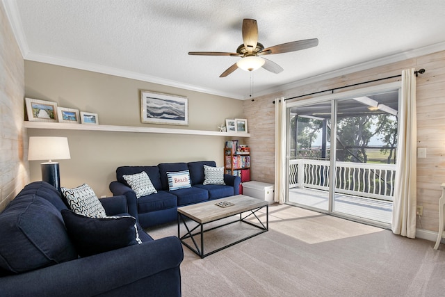 1125 S Marsh Wind Way, Ponte Vedra Beach, FL 32082 - living area featuring crown molding, a ceiling fan, carpet flooring, and a textured ceiling