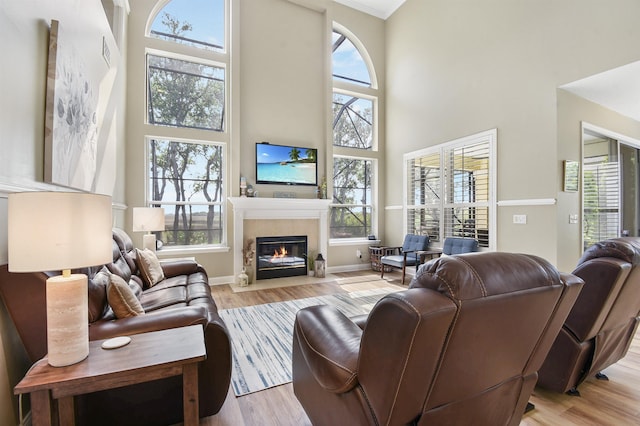 1125 S Marsh Wind Way, Ponte Vedra Beach, FL 32082 - living room with light wood-style floors, a healthy amount of sunlight, a high ceiling, and a premium fireplace