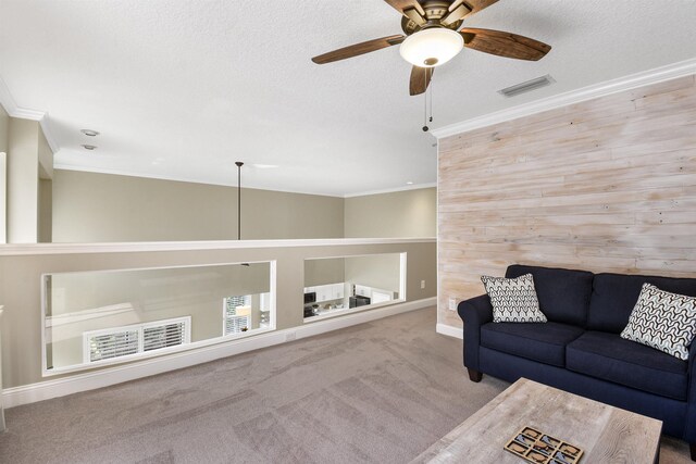 1125 S Marsh Wind Way, Ponte Vedra Beach, FL 32082 - living room featuring carpet flooring, ceiling fan, visible vents, and ornamental molding