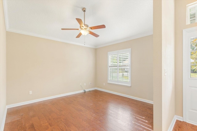 spare room with wood-type flooring, ceiling fan, and crown molding