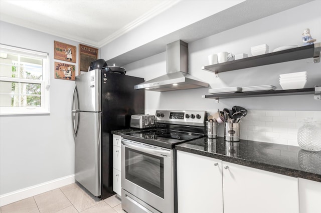 317 Flagler Blvd Unit 3A, Saint Augustine, FL 32080 - kitchen with electric stove, wall chimney range hood, ornamental molding, open shelves, and light tile patterned flooring