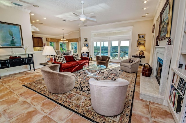 413 Fiddlers Point Dr, Saint Augustine, FL 32080 - living area featuring crown molding, a premium fireplace, a ceiling fan, a chandelier, and a textured ceiling