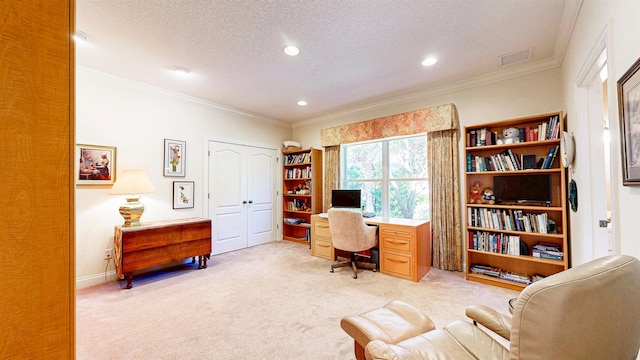 413 Fiddlers Point Dr, Saint Augustine, FL 32080 - office space featuring light carpet, crown molding, a textured ceiling, and recessed lighting