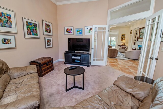 413 Fiddlers Point Dr, Saint Augustine, FL 32080 - living area featuring ornamental molding, french doors, carpet, and baseboards