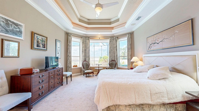 413 Fiddlers Point Dr, Saint Augustine, FL 32080 - bedroom featuring light carpet, ornamental molding, a raised ceiling, and ceiling fan