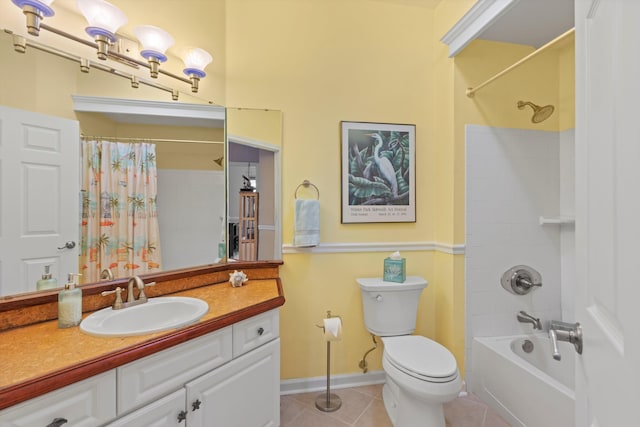 full bathroom featuring tile patterned flooring, vanity, toilet, and shower / tub combo with curtain