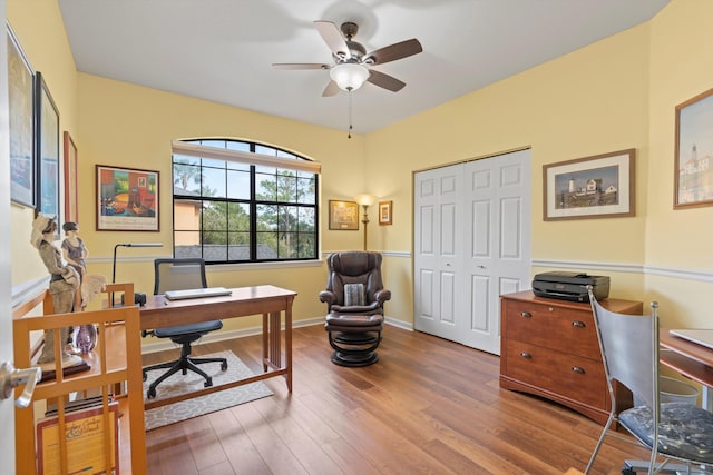 office space with ceiling fan and hardwood / wood-style floors