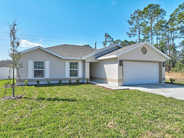 single story home with a garage and a front lawn