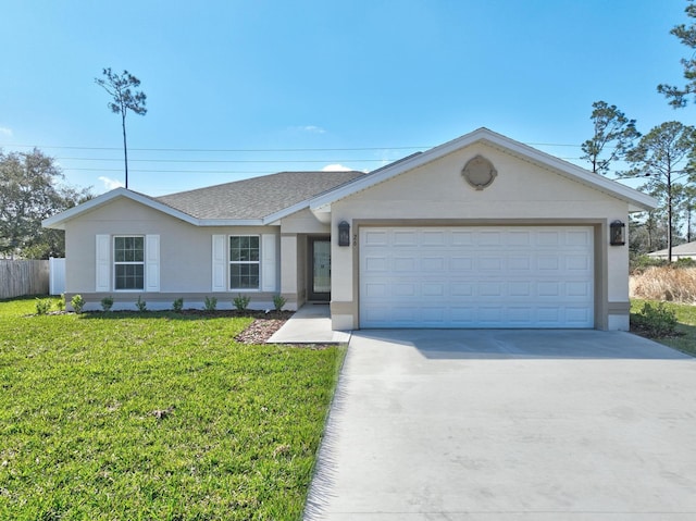 single story home with a garage and a front yard