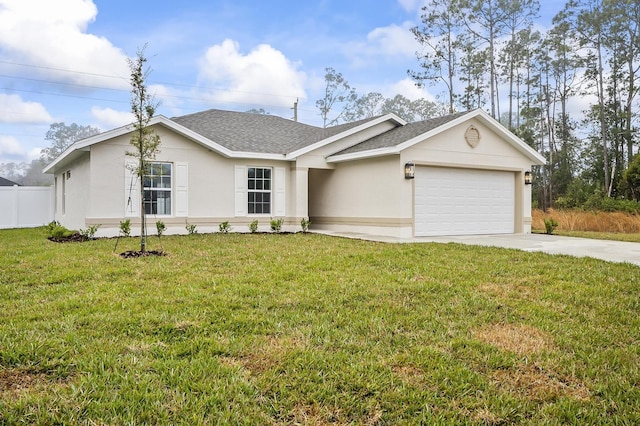 ranch-style house featuring a garage and a front lawn