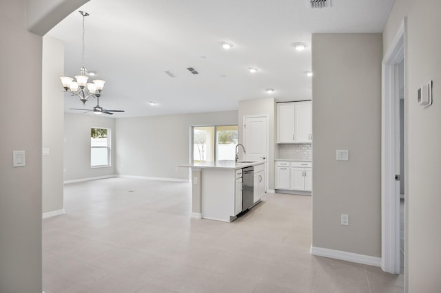 kitchen featuring white cabinetry, tasteful backsplash, a center island with sink, dishwasher, and pendant lighting