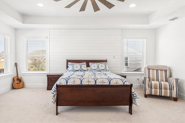 bedroom featuring recessed lighting, carpet, baseboards, ceiling fan, and visible vents