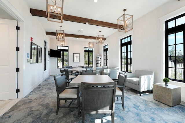 dining area featuring beamed ceiling, recessed lighting, visible vents, and a notable chandelier