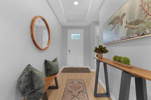 foyer featuring a tray ceiling, light wood-style flooring, and baseboards