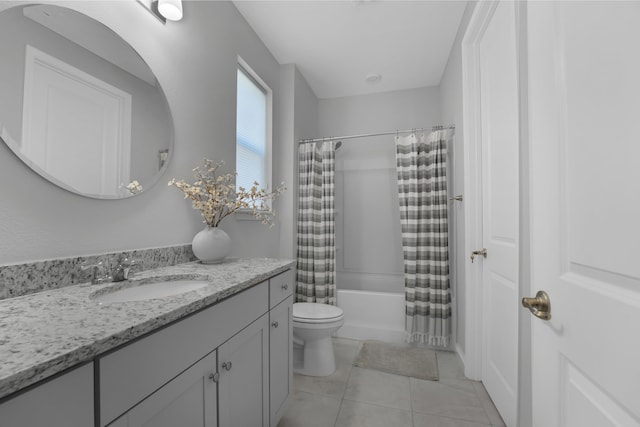 full bath with vanity, tile patterned flooring, toilet, and shower / bathtub combination with curtain