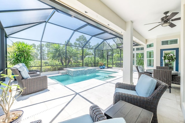 248 Marshside Dr, Saint Augustine, FL 32080 - view of pool with a ceiling fan, a patio, a pool with connected hot tub, and glass enclosure