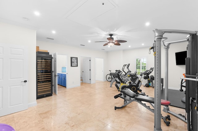 248 Marshside Dr, Saint Augustine, FL 32080 - exercise area with beverage cooler, a ceiling fan, recessed lighting, attic access, and baseboards