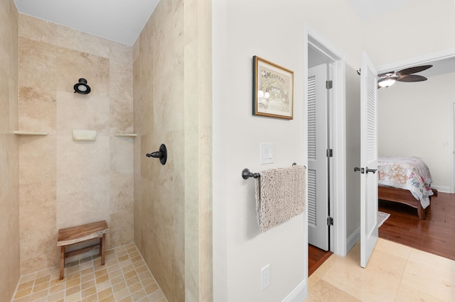 248 Marshside Dr, Saint Augustine, FL 32080 - full bathroom featuring a tile shower, a ceiling fan, ensuite bathroom, and tile patterned floors
