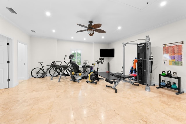 248 Marshside Dr, Saint Augustine, FL 32080 - exercise room featuring ornamental molding, a ceiling fan, recessed lighting, baseboards, and tile patterned flooring