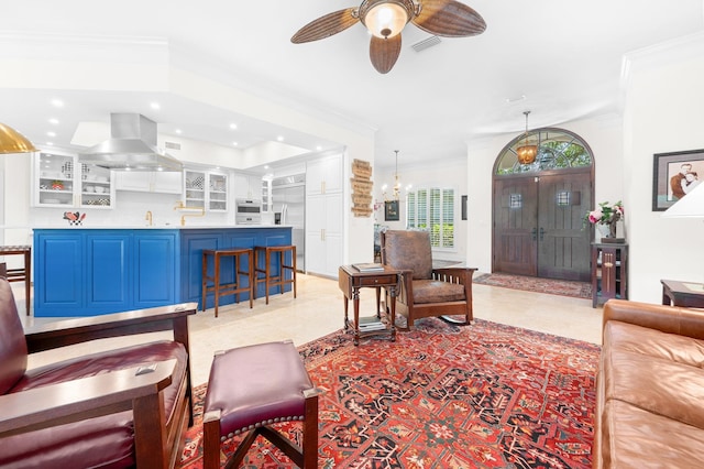 248 Marshside Dr, Saint Augustine, FL 32080 - living room with crown molding, ceiling fan, recessed lighting, and light tile patterned floors