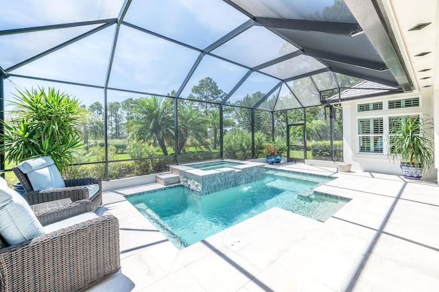 248 Marshside Dr, Saint Augustine, FL 32080 - view of swimming pool featuring a patio, a pool with connected hot tub, and glass enclosure