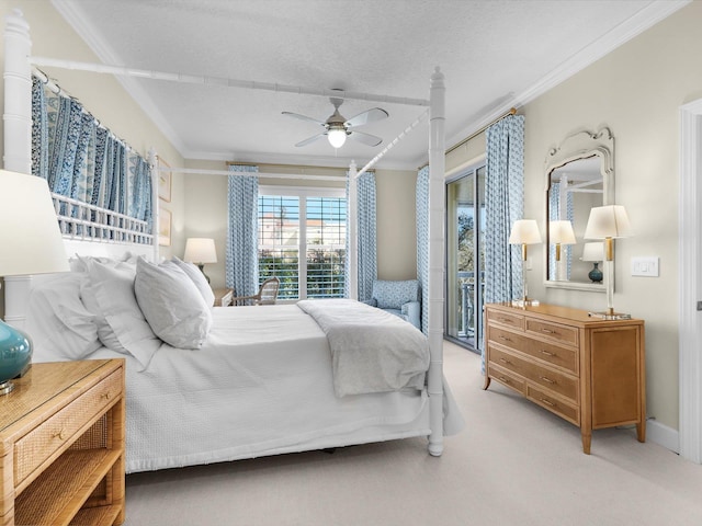 bedroom with ornamental molding, access to outside, light colored carpet, and a ceiling fan